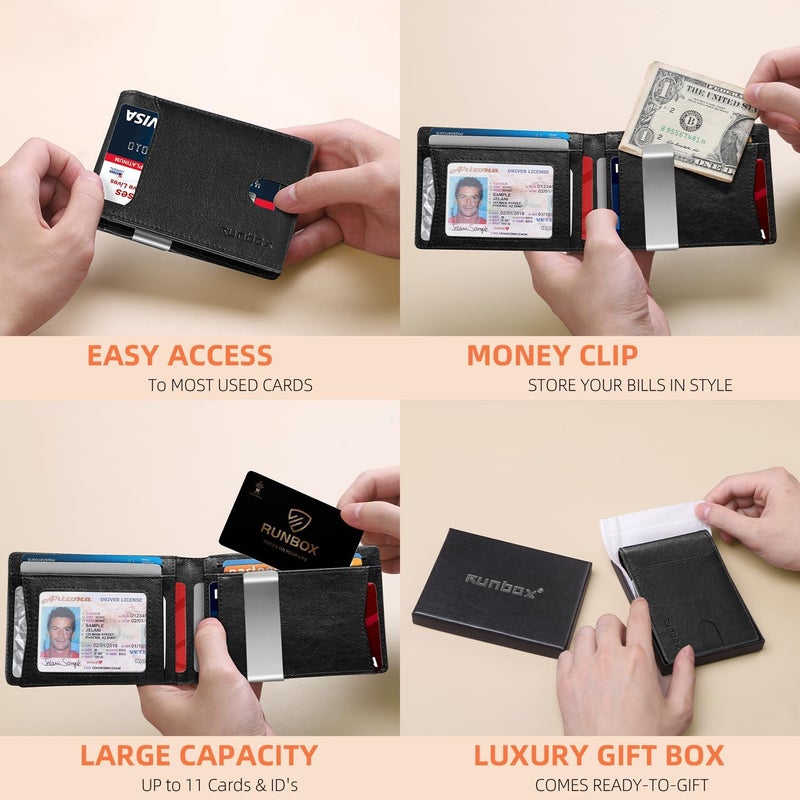 RUNBOX Money Clip Wallets for Men,Slim Leather Mens Bifold Wallet,RFID Blocking Front Pocket Wallet,Thin Credit Card Holder with Gift Box - Image 2